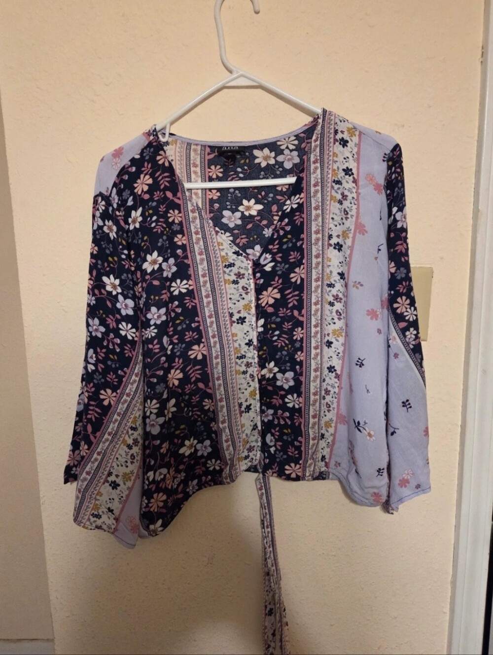 a.n.a Floral Tie-Front Blouse - Navy & Light Lavender